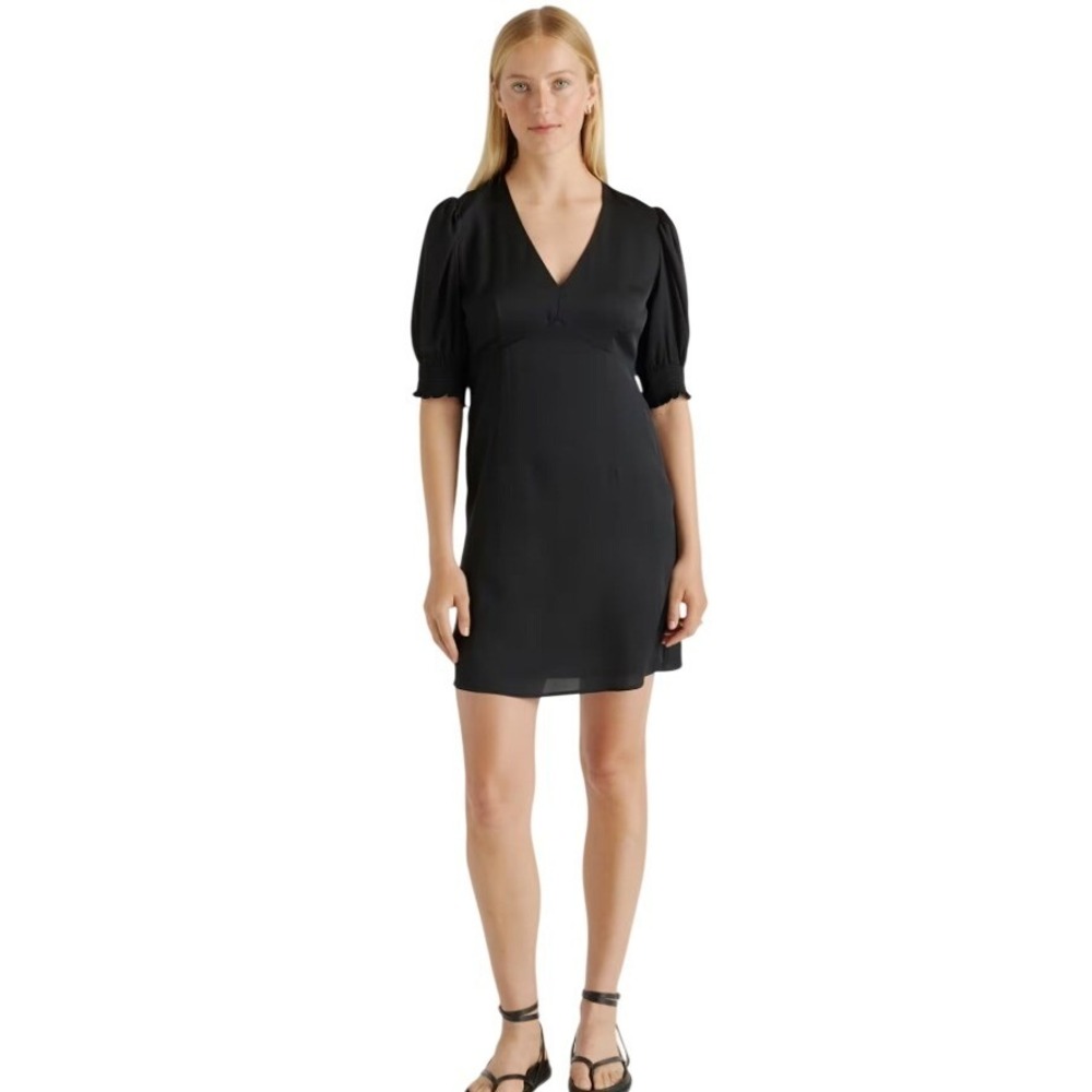 Quince Women's Washable‎ Stretch Silk Puff Sleeve Mini Dress Black Size Medium